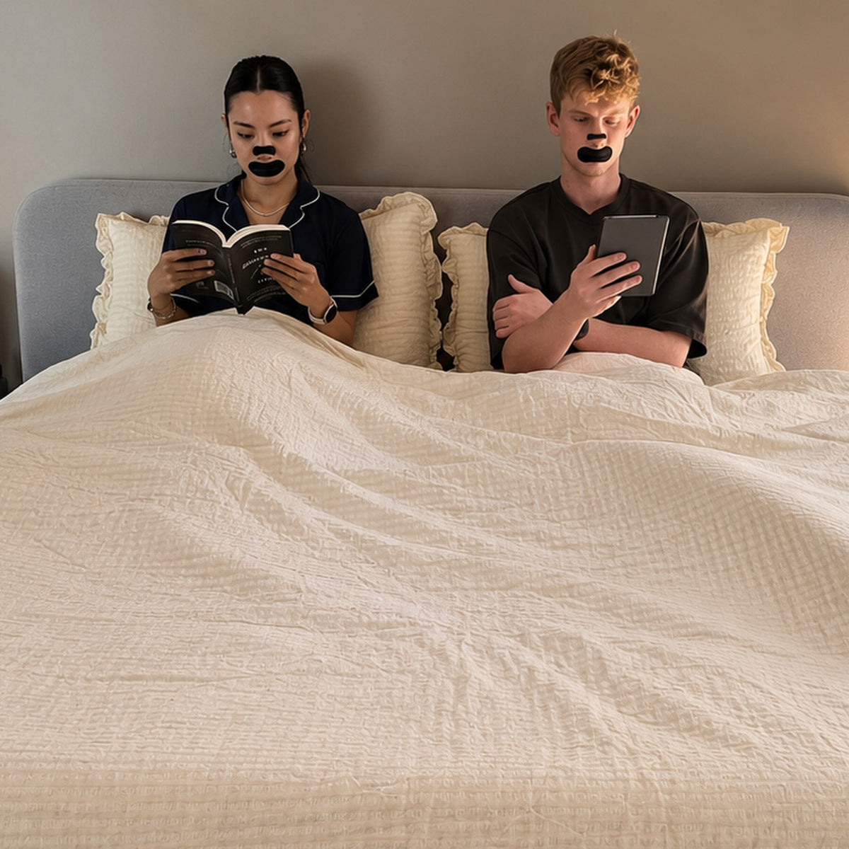 Couple asleep in bed wearing 18pointthree mouth tape