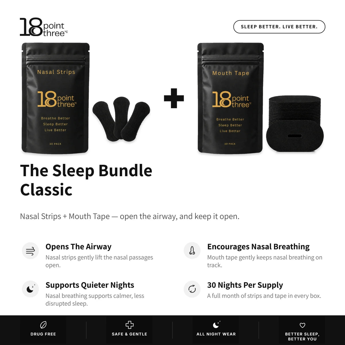 18pointthree Sleep Bundle Classic benefits: opens the airway, encourages nasal breathing, supports quieter nights, 30 nights per supply