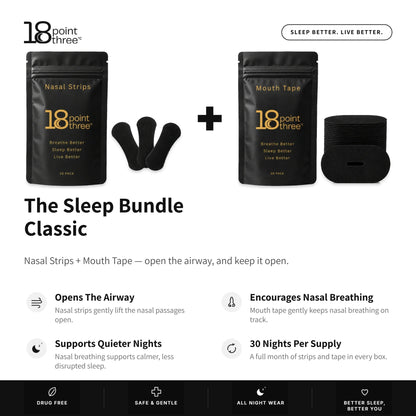 18pointthree Sleep Bundle Classic benefits: opens the airway, encourages nasal breathing, supports quieter nights, 30 nights per supply