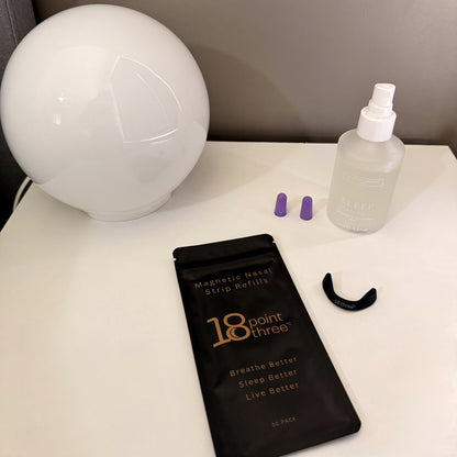 18pointthree Magnetic Nasal Strip Refill Patches on a bedside table