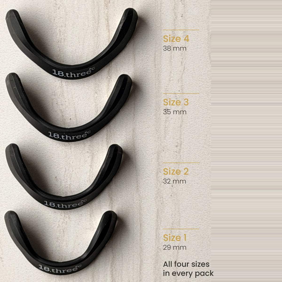 The four 18pointthree magnetic frame sizes, 29 mm to 38 mm, all four included in every pack