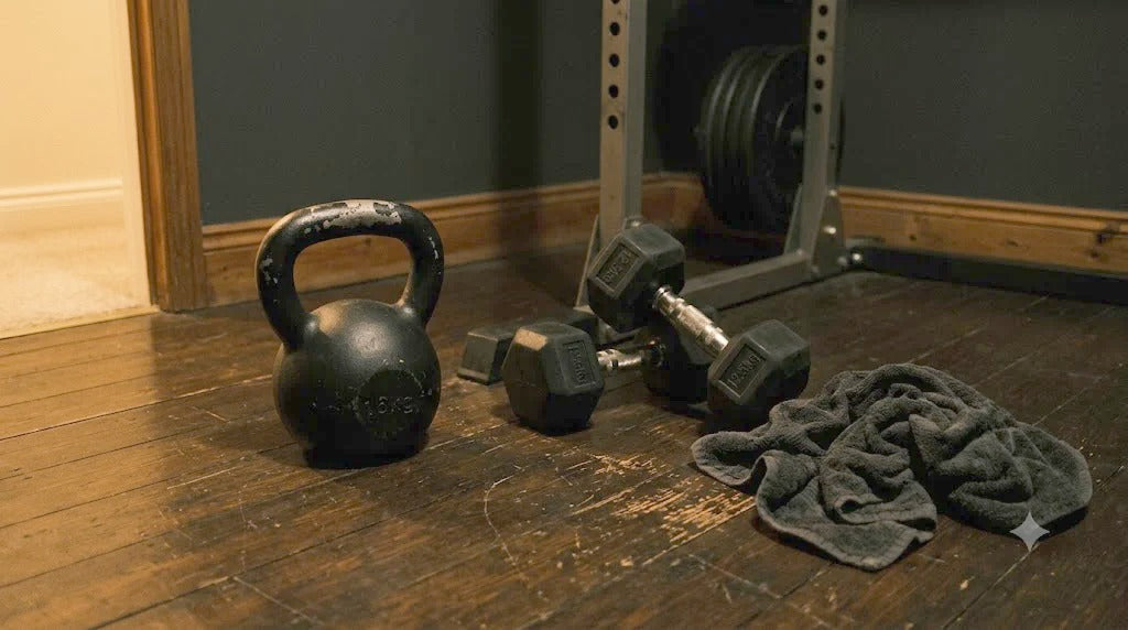 Kettlebell and dumbbells in a home gym
