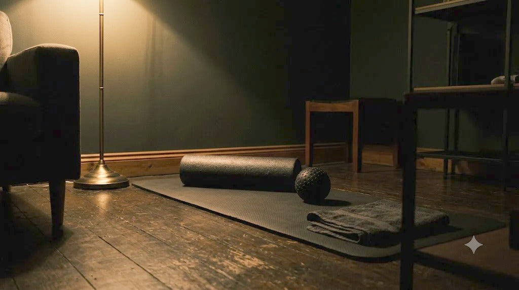 Foam roller and massage ball on a mat