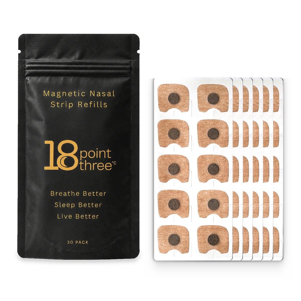18pointthree Magnetic Nasal Strip Refill Patches 30 pack pouch with six sheets of patches